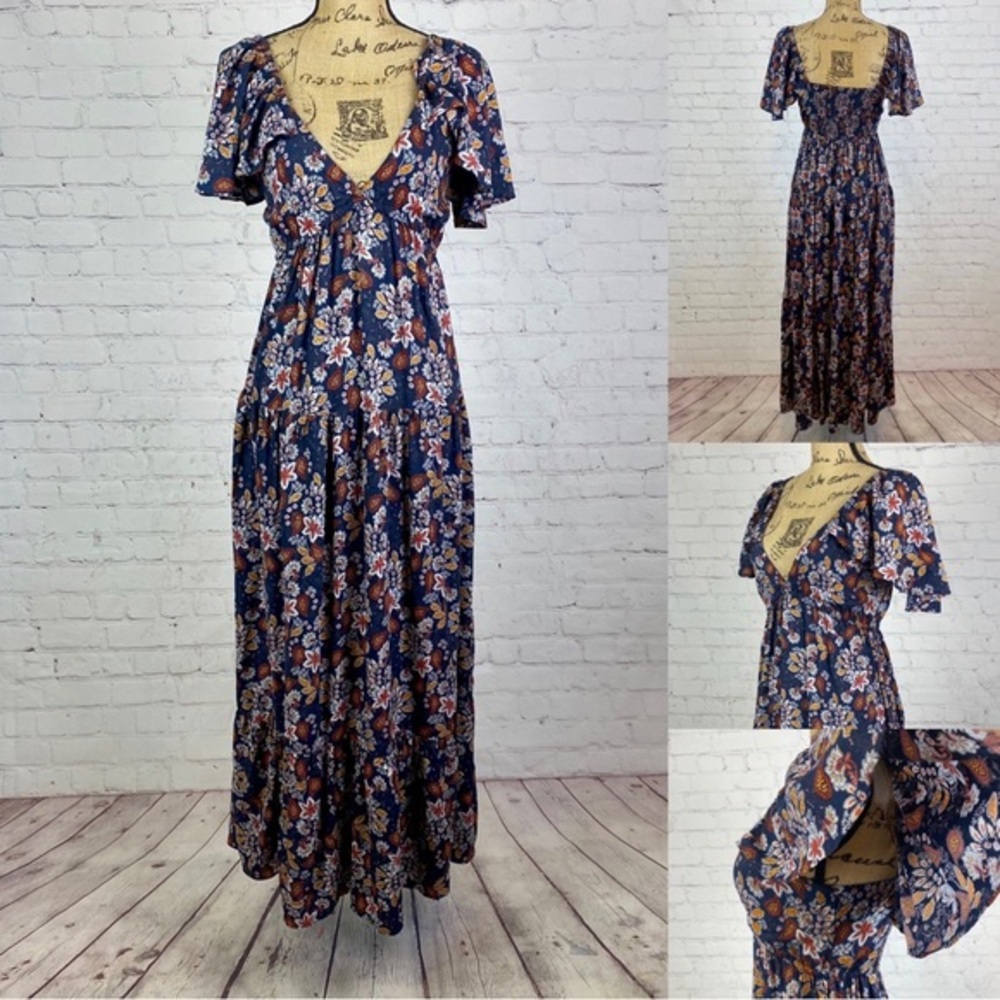 New Angie Blue Floral Print Multi Tier Maxi